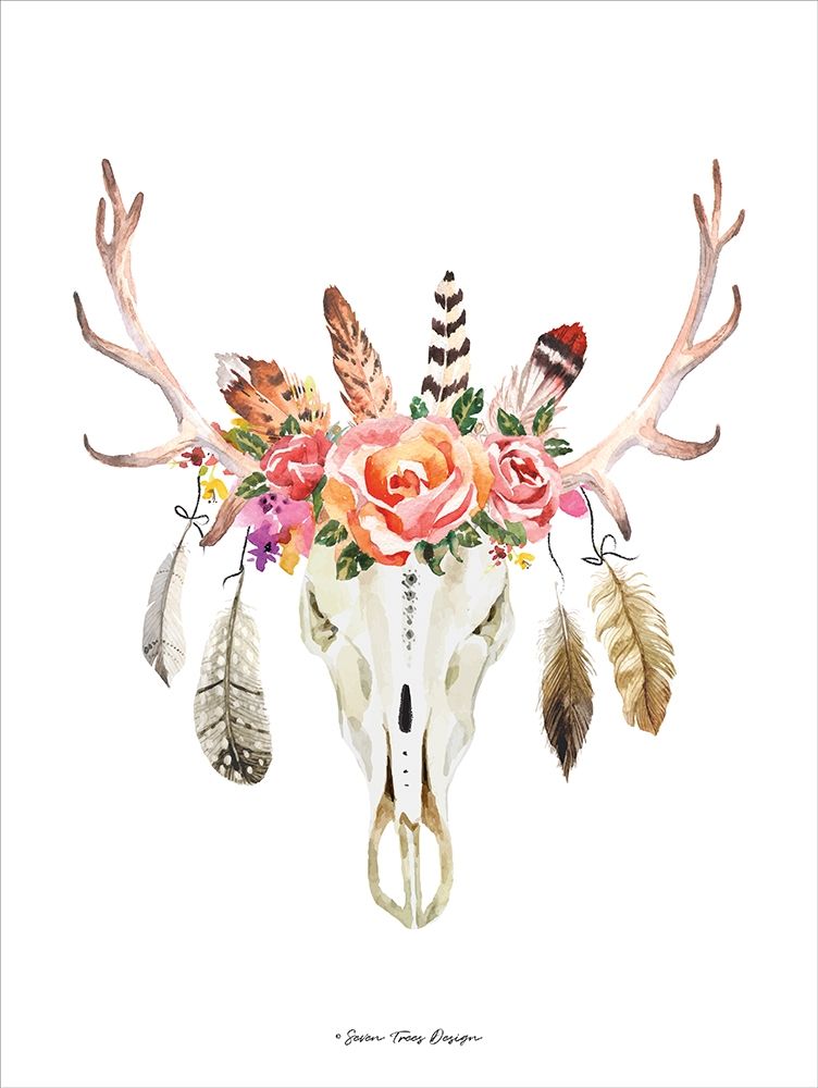 Boho Floral Feather Skull art print by Seven Trees Design for $57.95 CAD
