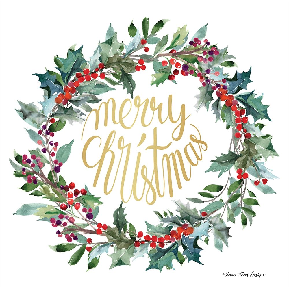 Merry Christmas Holly Wreath art print by Seven Trees Design for $57.95 CAD