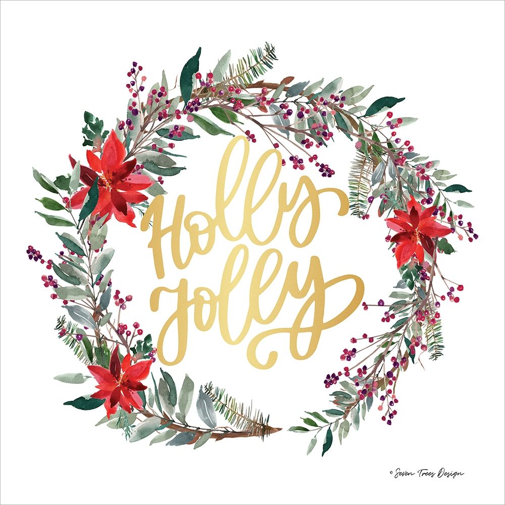 Holly Jolly Poinsettia Wreath art print by Seven Trees Design for $57.95 CAD