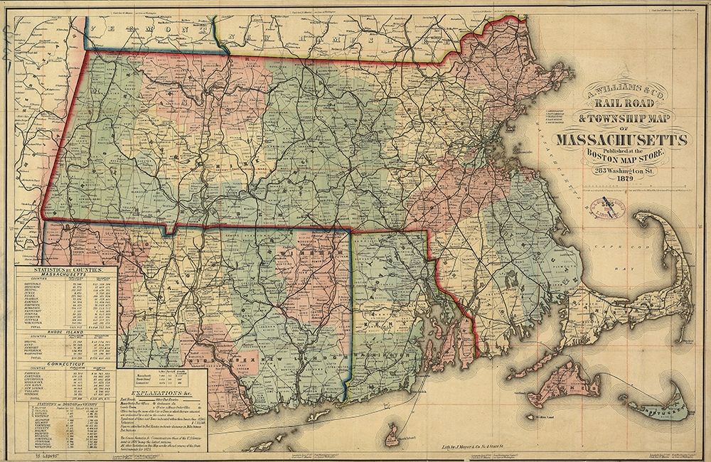 State of Massachusetts Railroads - Williams 1879 art print by Williams for $57.95 CAD