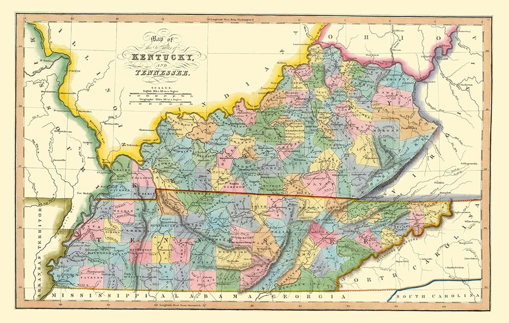Kentucky, Tennessee Counties - Hinton 1831 art print by Hinton for $57.95 CAD