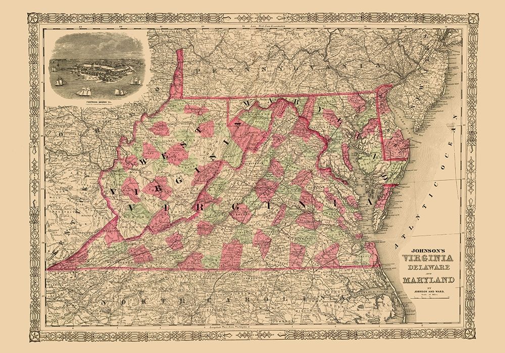 Virginia, Maryland, Delaware - Johnson 1864 art print by Johnson for $57.95 CAD