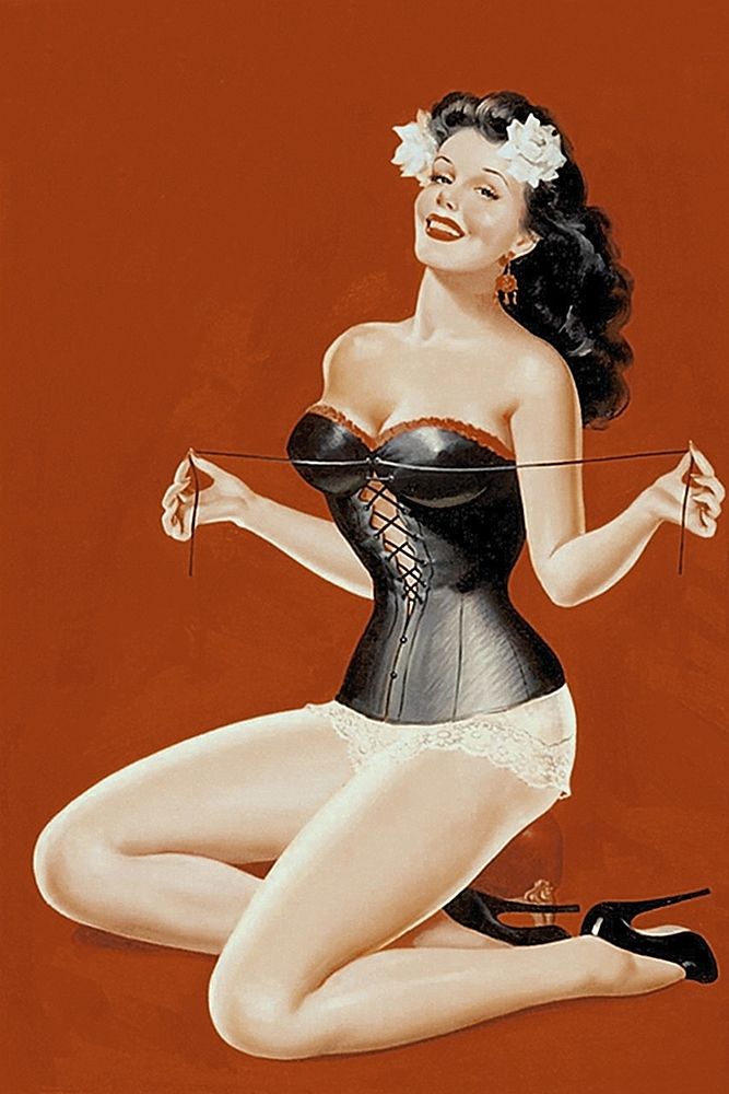 Mid-Century Pin-Ups - Lacing her bra art print by Peter Driben for $57.95 CAD