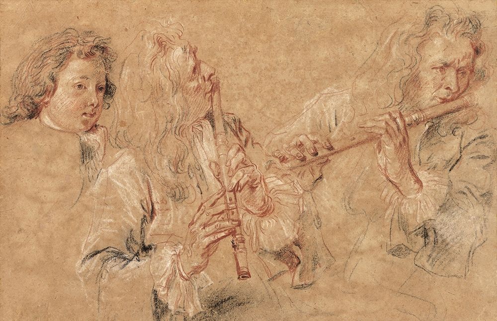 Two Studies of a Flutist and a Study of the Head of a Boy art print by Jean-Antoine Watteau for $57.95 CAD