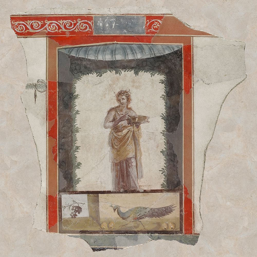 Fresco Depicting a Woman (Maenad) Holding a Dish, Peacock and Fruit Below art print by Unknown 1st Century Roman Artisan for $57.95 CAD