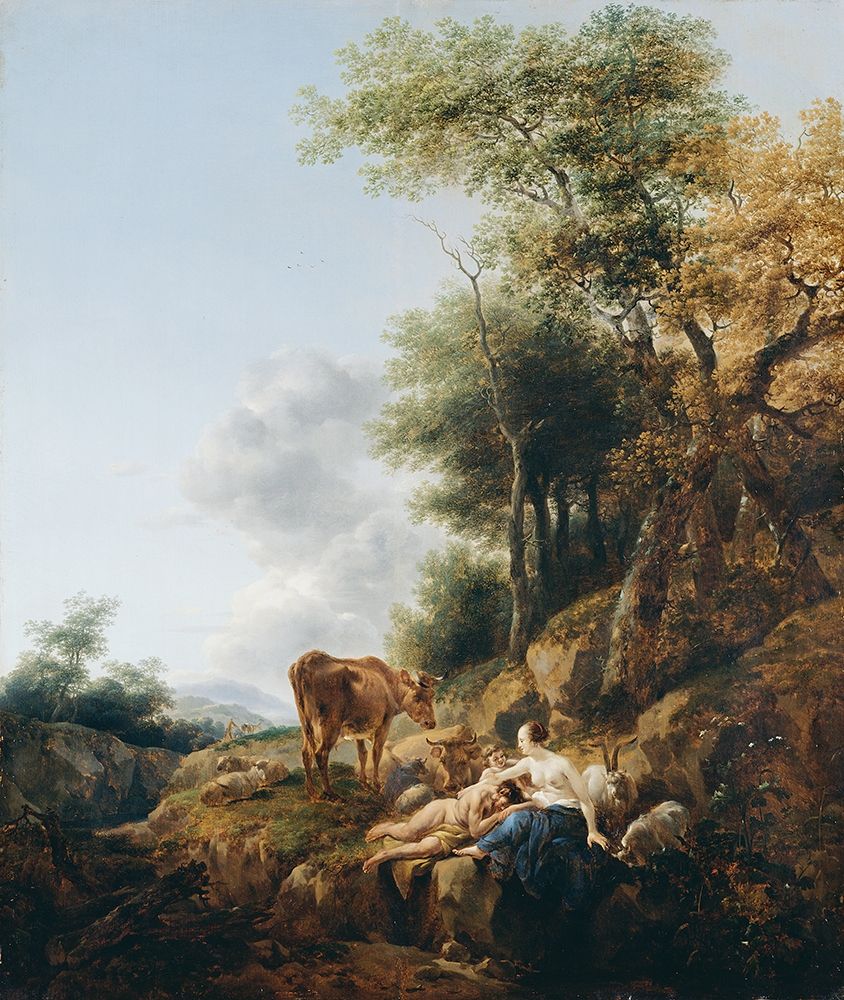 Landscape with a Nymph and a Satyr art print by Nicolaes Berchem for $57.95 CAD