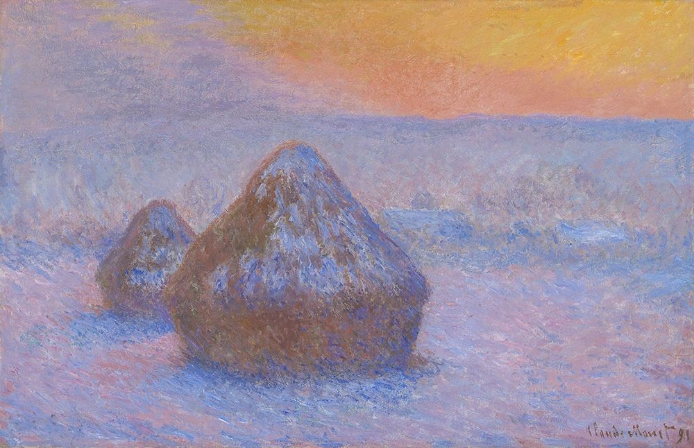 Stacks of Wheat (Sunset, Snow Effect) art print by Claude Monet for $57.95 CAD