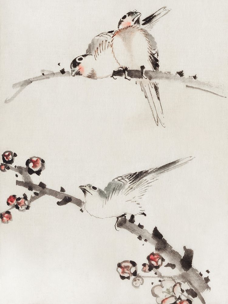 Three Birds Perched on Branches, One with Blossoms art print by Katsushika Hokusai for $57.95 CAD