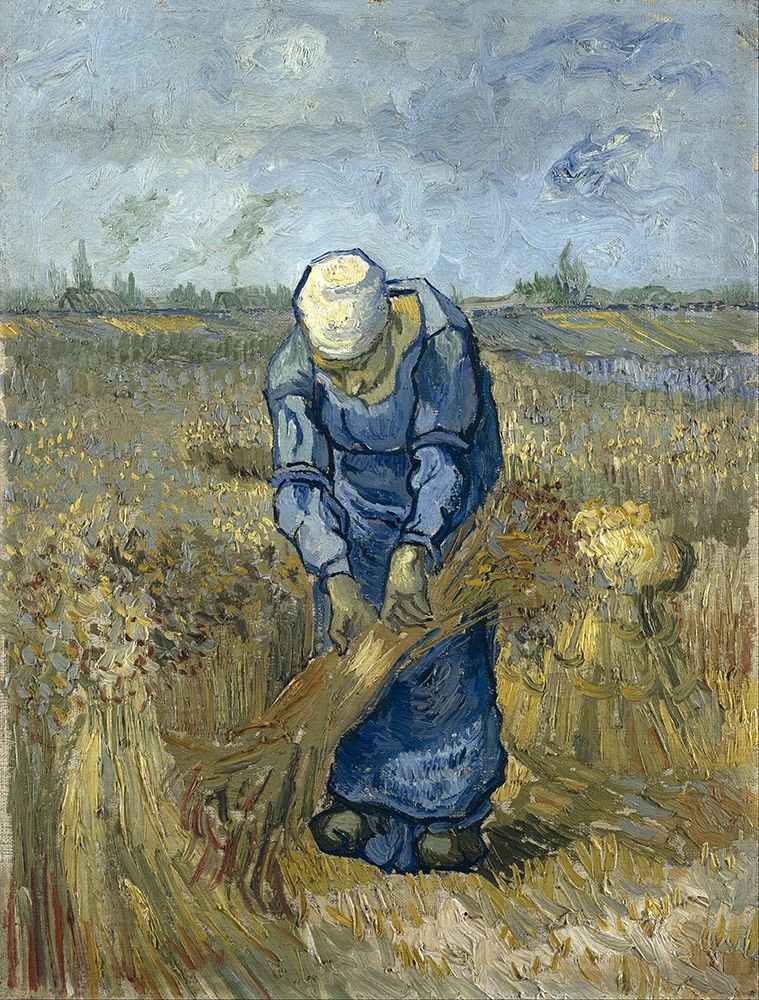 Peasant woman binding sheaves art print by Vincent van Gogh for $57.95 CAD