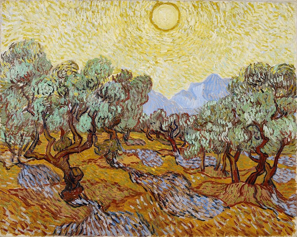 Olive Trees with yellow sky and sun art print by Vincent van Gogh for $57.95 CAD