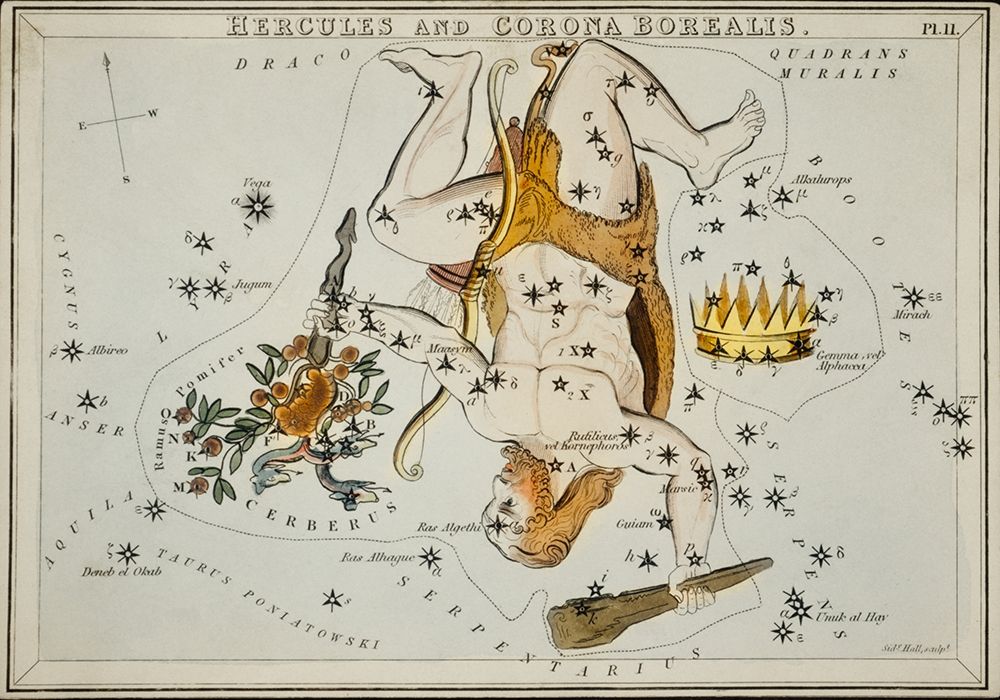Astronomical chart illustration of the Hercules and the Corona Borealis art print by Sidney Hall for $57.95 CAD