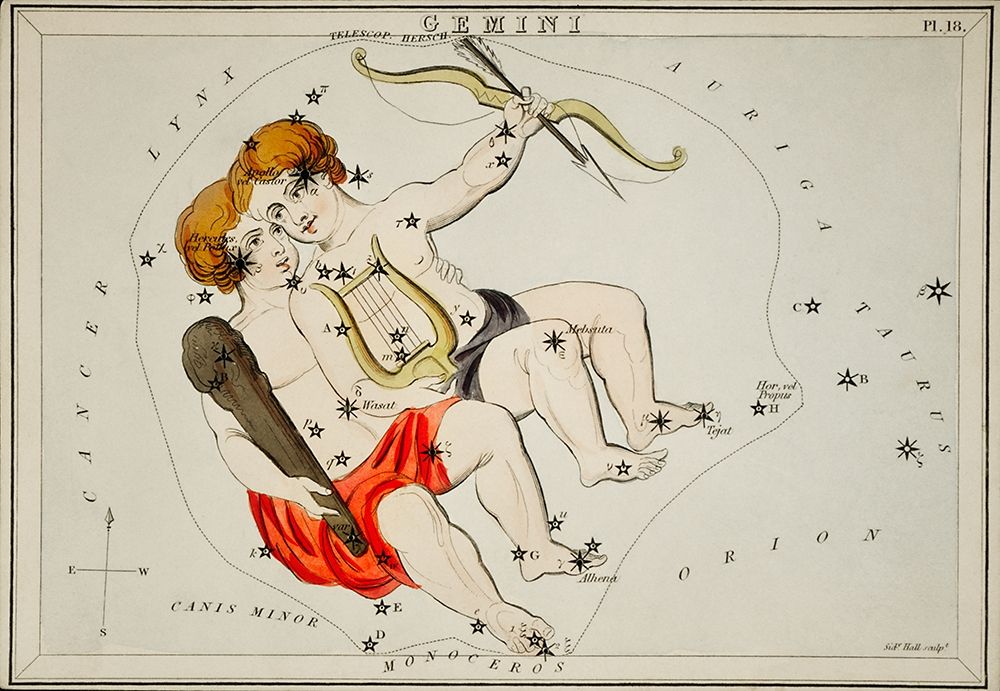 Astronomical chart illustration of the Zodiac Gemini art print by Sidney Hall for $57.95 CAD
