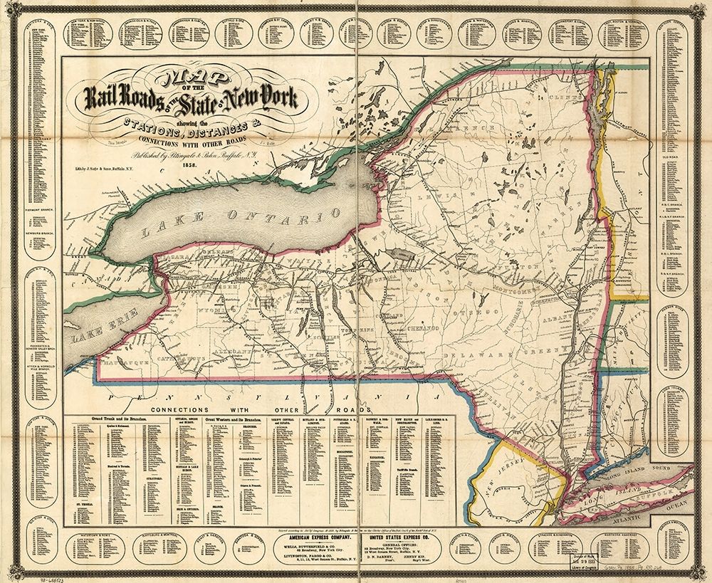 New York showing the stations distances and connections with other roads 1858 art print by Vintage Maps for $57.95 CAD