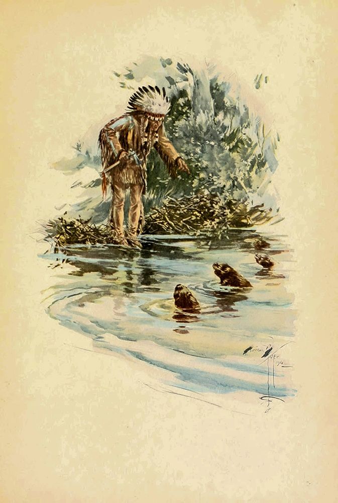 Indian and otters from The Song of Hiawatha 1906 art print by Harrison Fisher for $57.95 CAD