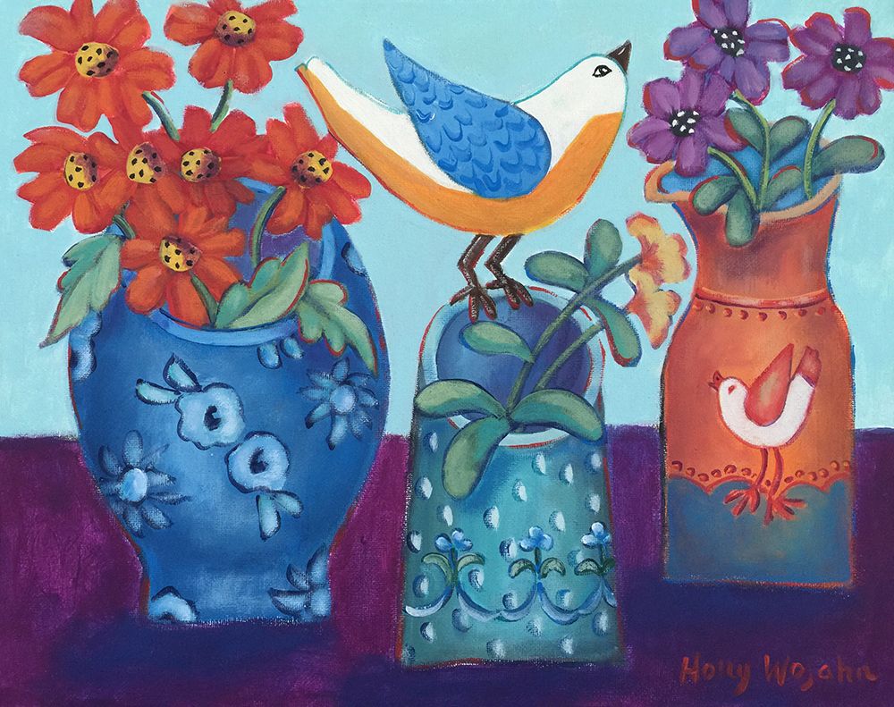 Blue and Orange Vases with Chirp art print by Holly Wojahn for $57.95 CAD