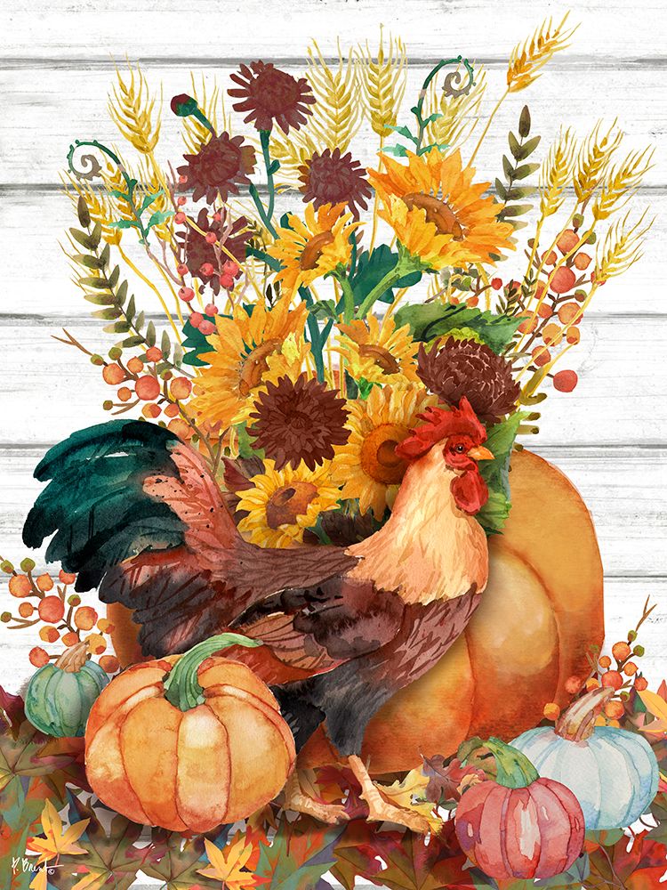 Autumn Floral Rooster Vertical - Wood art print by Paul Brent for $57.95 CAD