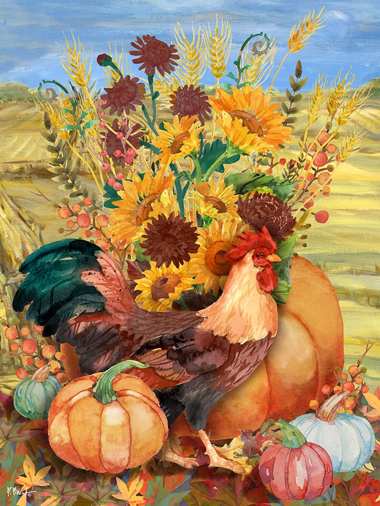 Autumn Floral Rooster Vertical art print by Paul Brent for $57.95 CAD