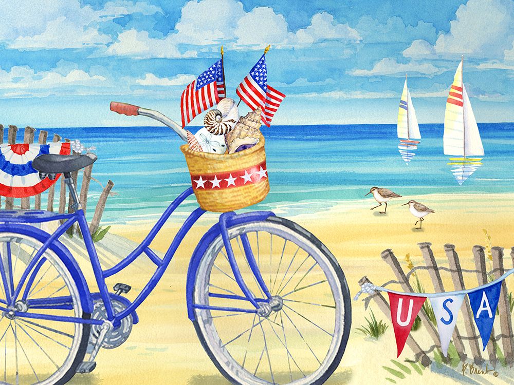 Seashell Beach Bicycle - Patriotic art print by Paul Brent for $57.95 CAD