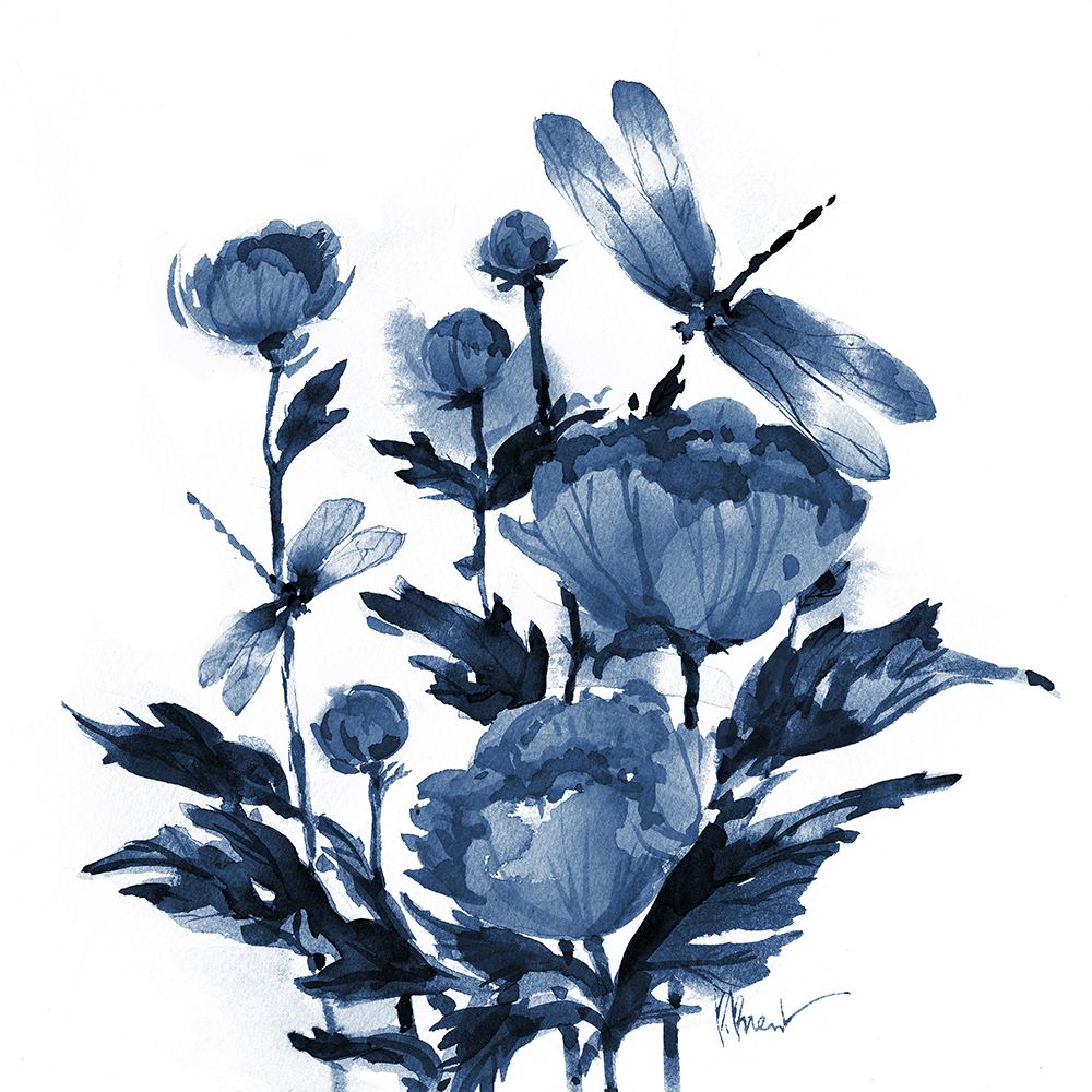 Province Peonies and Dragonflies - Indigo art print by Paul Brent for $57.95 CAD