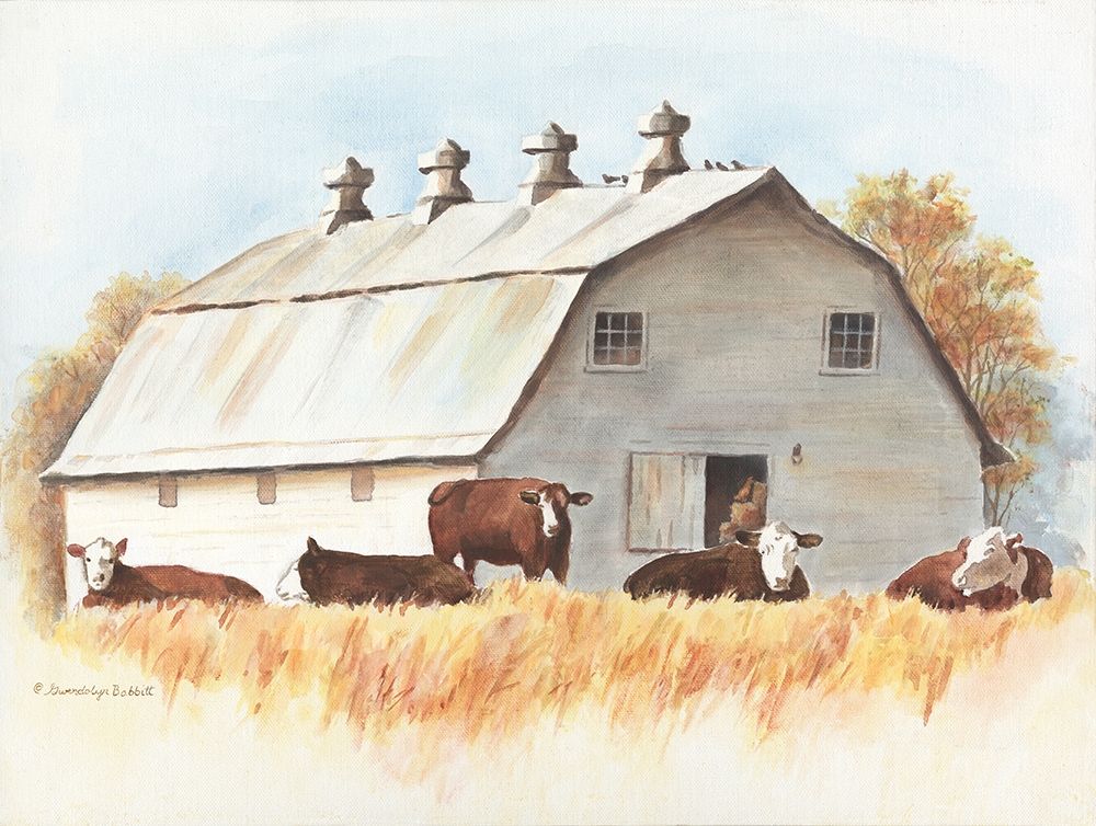 White Barn and Cattle art print by Gwendolyn Babbitt for $57.95 CAD