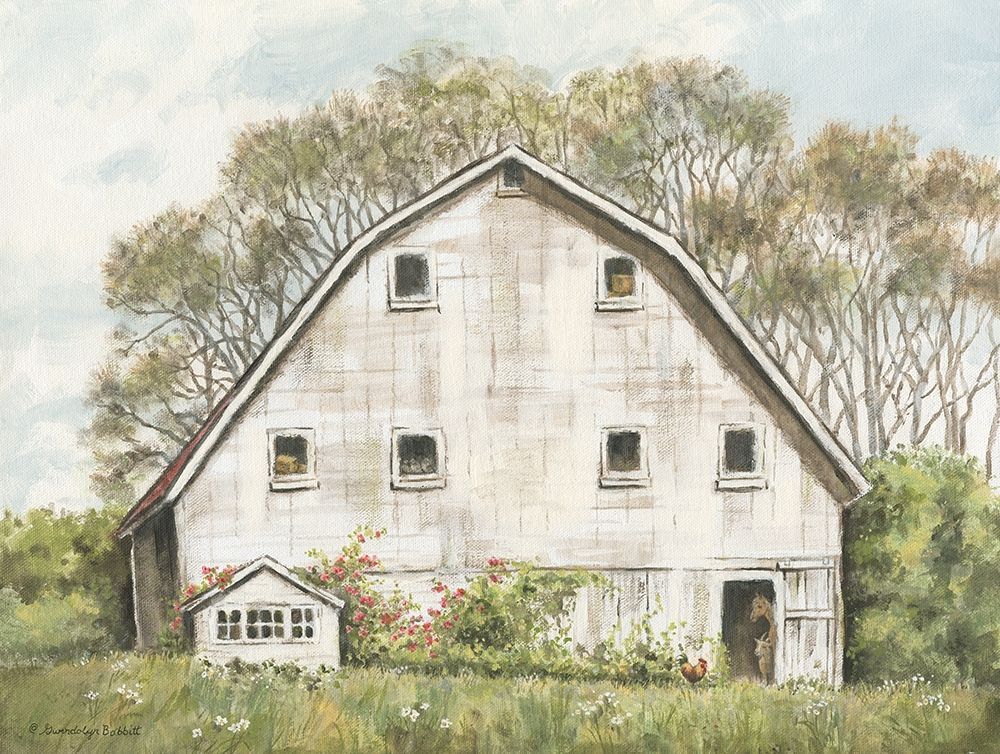 White Barn and Roses art print by Gwendolyn Babbitt for $57.95 CAD