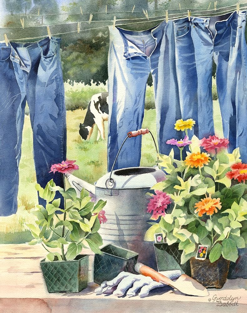 Blue jeans, Zinnias and Cow art print by Gwendolyn Babbitt for $57.95 CAD