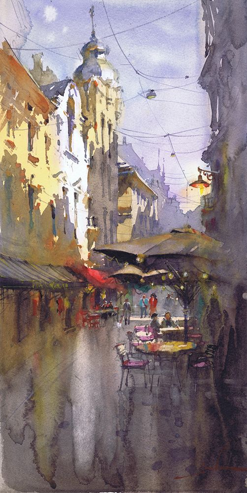 Quiet Street with Cafes art print by Samira Yanushkova for $57.95 CAD