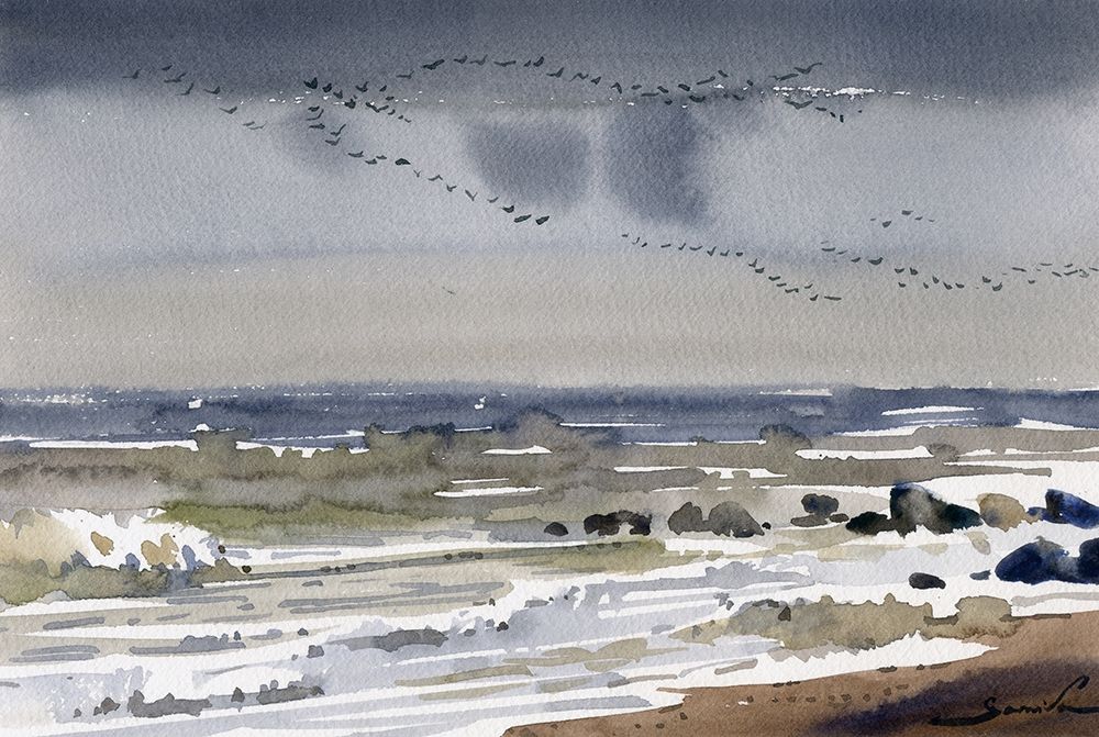 Seascape Watercolor Painting with birds art print by Samira Yanushkova for $57.95 CAD