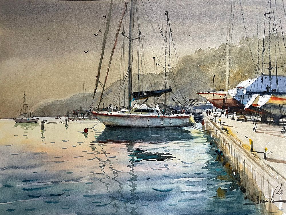 Yacht on the coast art print by Samira Yanushkova for $57.95 CAD