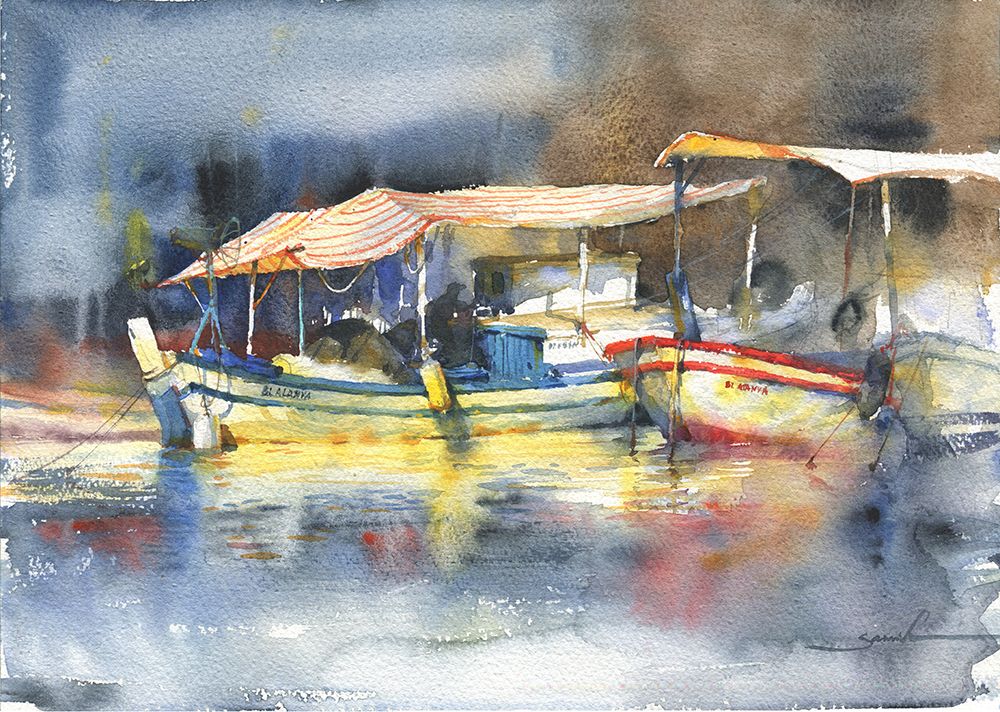 Yachts in the port. Watercolor art art print by Samira Yanushkova for $57.95 CAD
