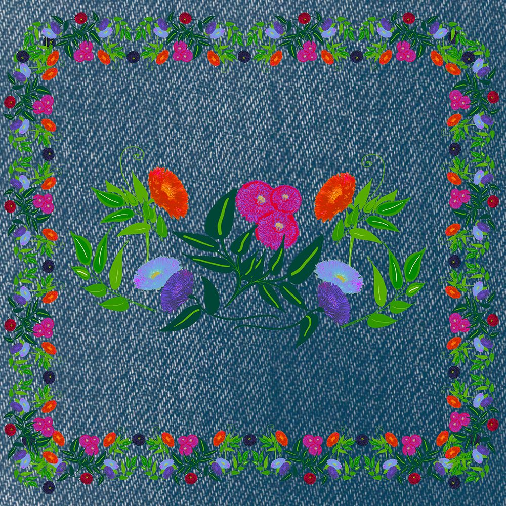 Home Gardeners Bouquet Denim Story art print by Joan Davis for $57.95 CAD