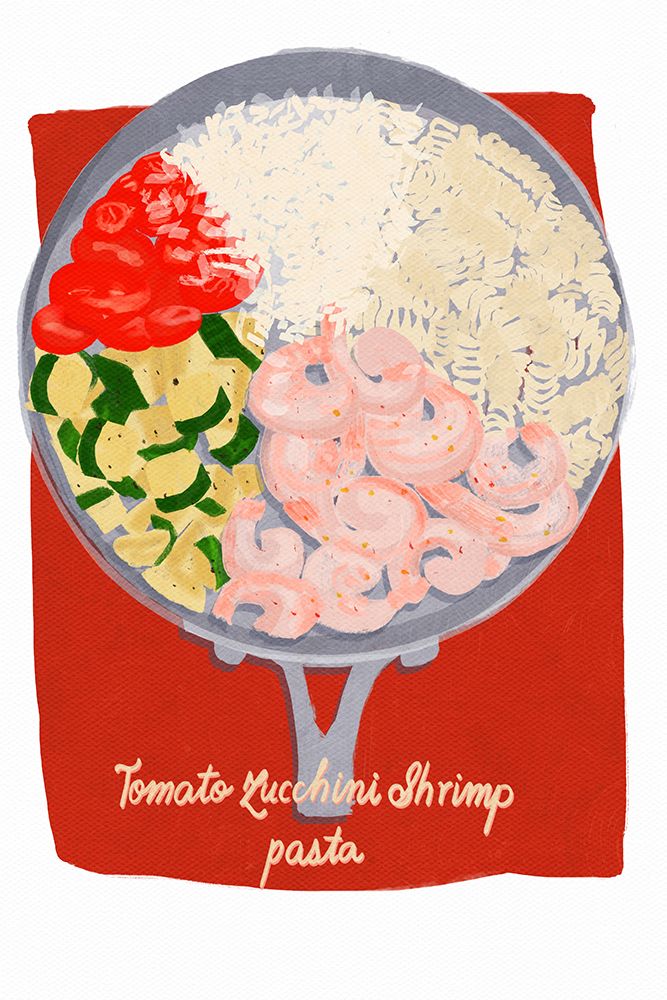 Tomato Zucchini Shrimp Pasta art print by Juliet Rose Philips for $57.95 CAD