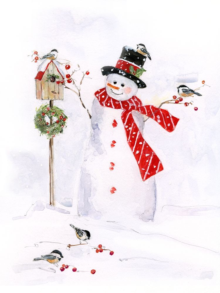 Snowman and Chickadee Friends I art print by Sally Swatland for $57.95 CAD