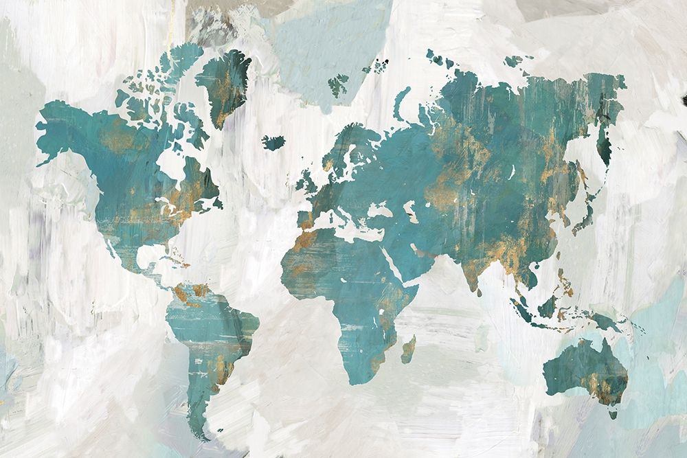 Teal World Map art print by Pamela Collabera for $57.95 CAD