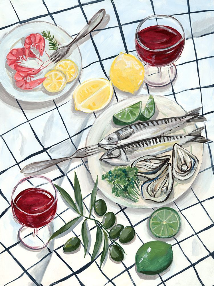Seaside Feast on Checkered Tablecloth art print by Hannah Dawson for $57.95 CAD