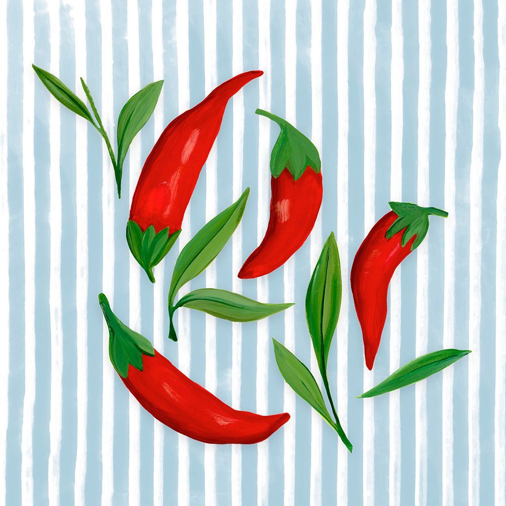 Chili Peppers on Striped Pattern art print by Hannah Dawson for $57.95 CAD