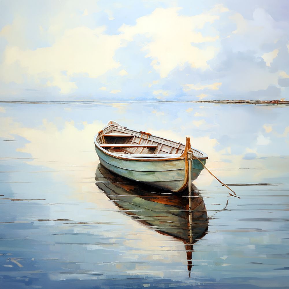 Solitary Boat on Reflective Waters art print by Raymond Powers for $57.95 CAD