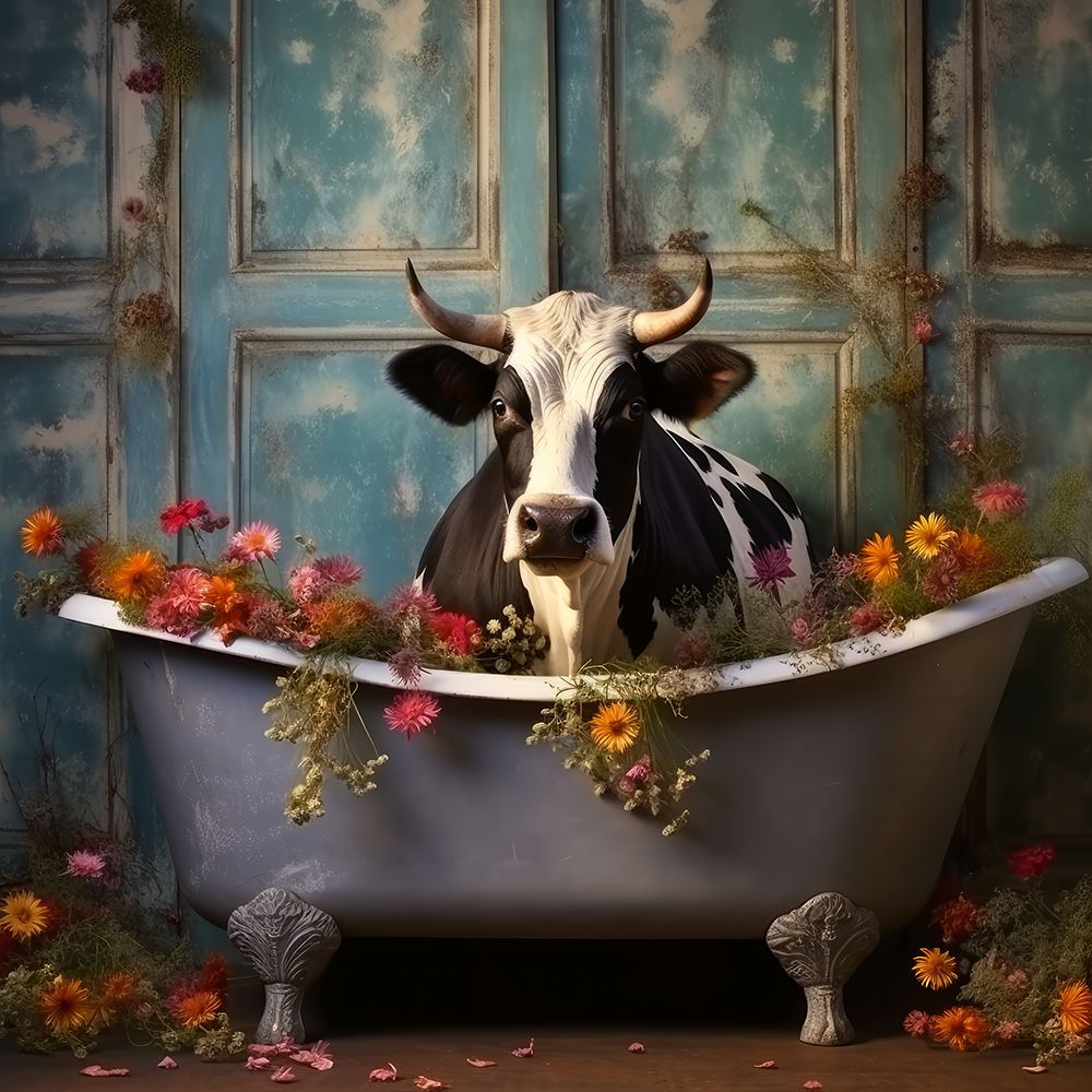 Bathroom Jungle Joy Cow art print by Lazar Studio for $57.95 CAD