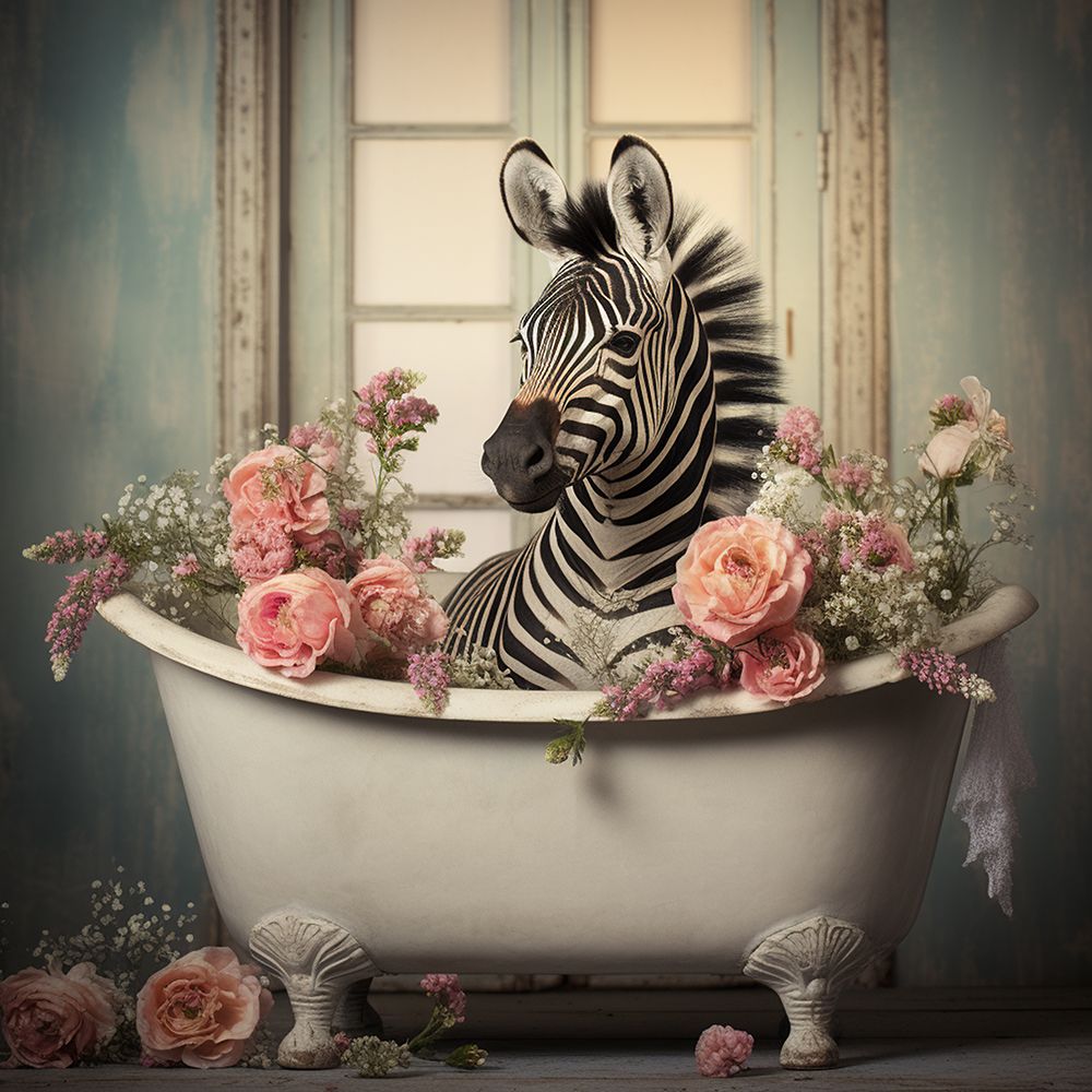 Playful Zebra Bath II art print by Lazar Studio for $57.95 CAD