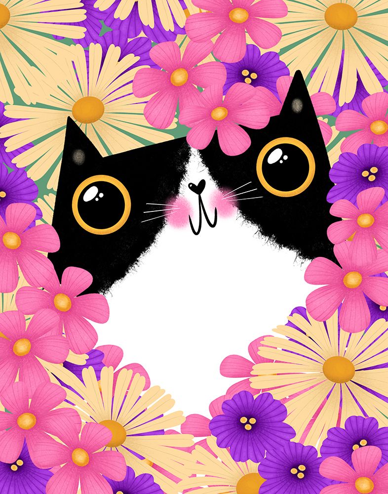 Tuxedo Cat with Pink Flowers art print by Gabriela Avila for $57.95 CAD