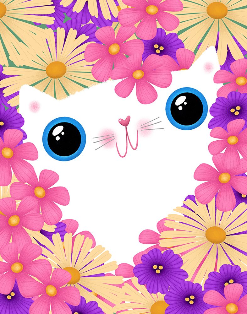 White Cat with Pink Flowers art print by Gabriela Avila for $57.95 CAD