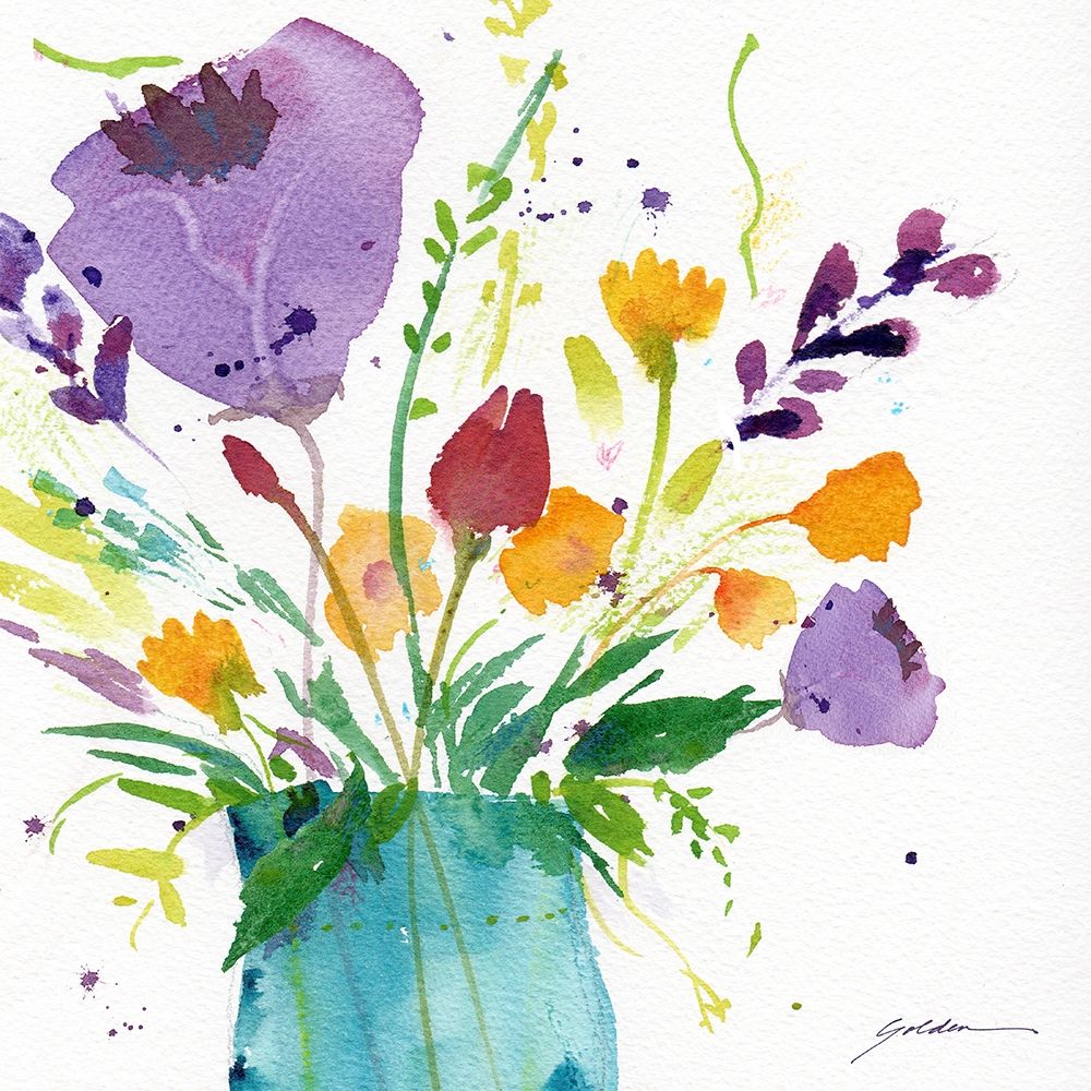 Teal Vase With Bright Flowers art print by Sheila Golden for $57.95 CAD