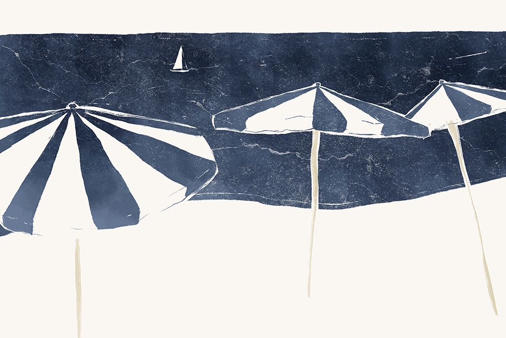 Blue Umbrellas and Sailboat art print by Yuyu Pont for $57.95 CAD