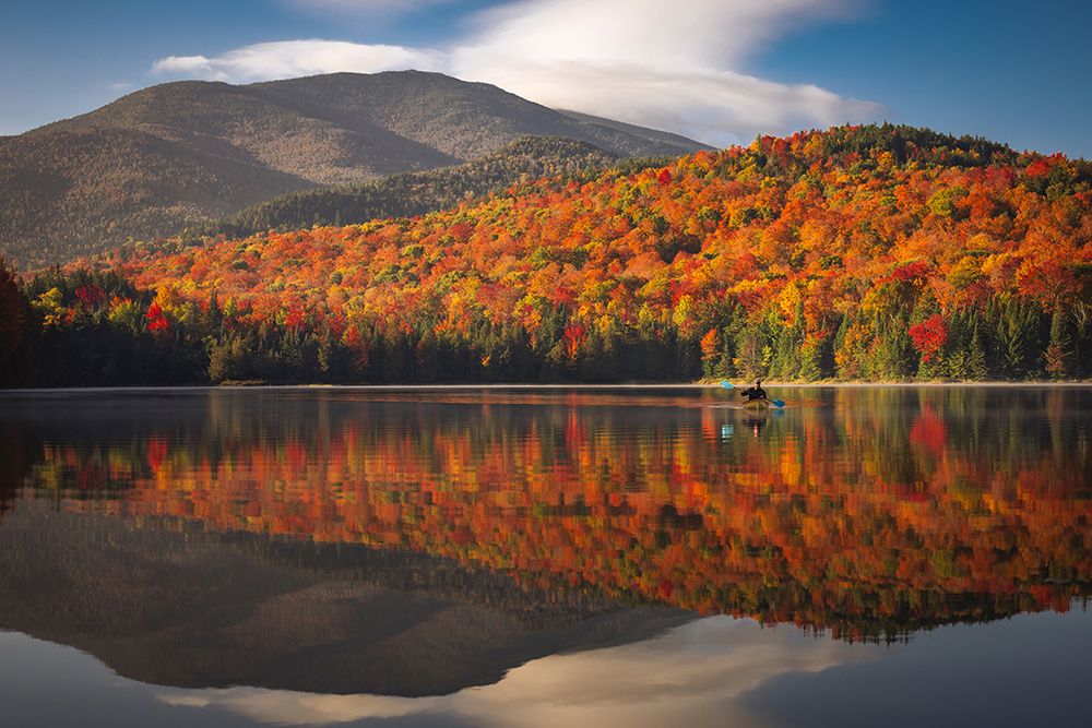 Sunrise Paddle on Heart Lake, Adirondacks â€“ Autumn art print by Jonathan Zaharek for $57.95 CAD