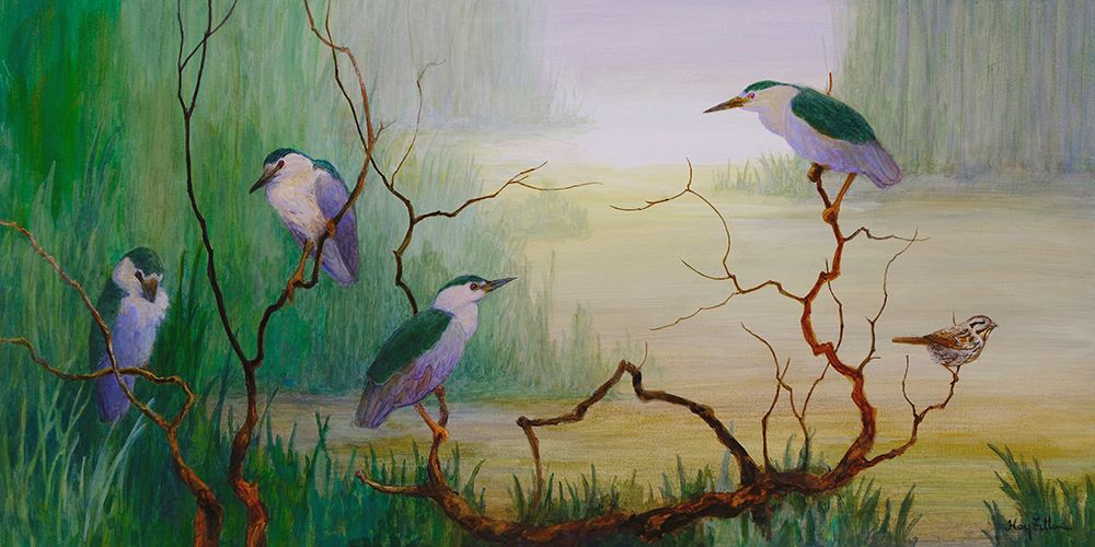 Night Herons and Sparrow art print by Floy Zittin for $57.95 CAD