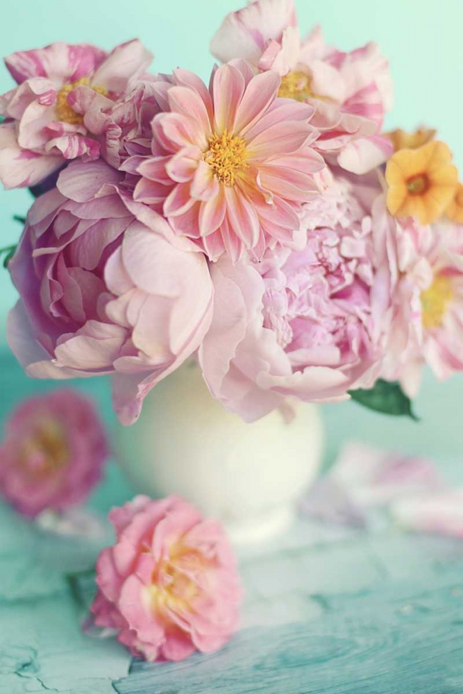 Peonies On Teal art print by Sarah Gardner for $57.95 CAD