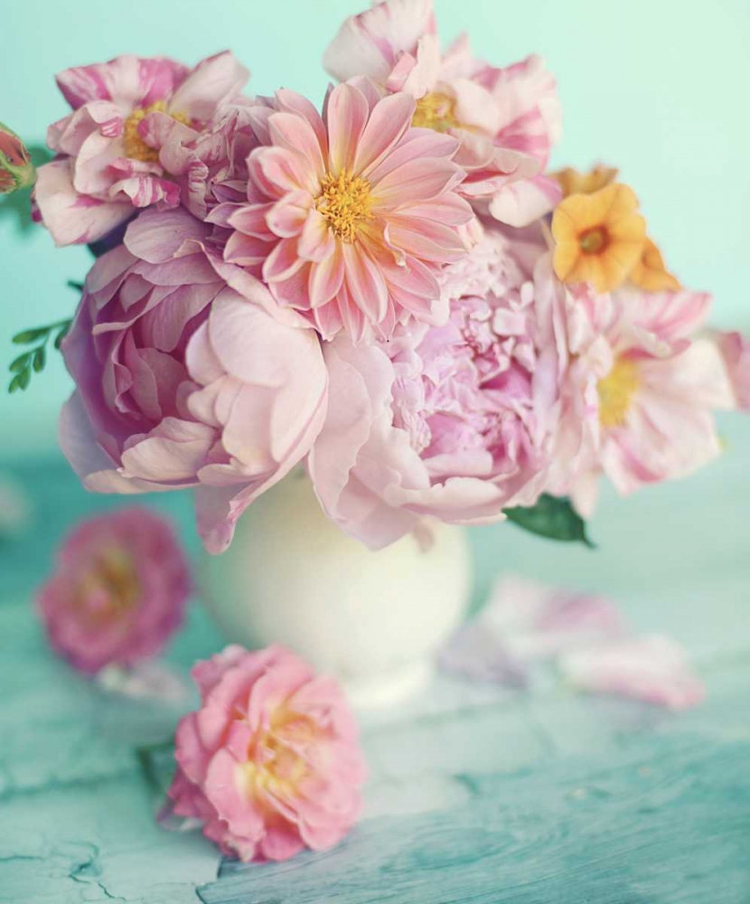 Peonies On Teal art print by Sarah Gardner for $57.95 CAD