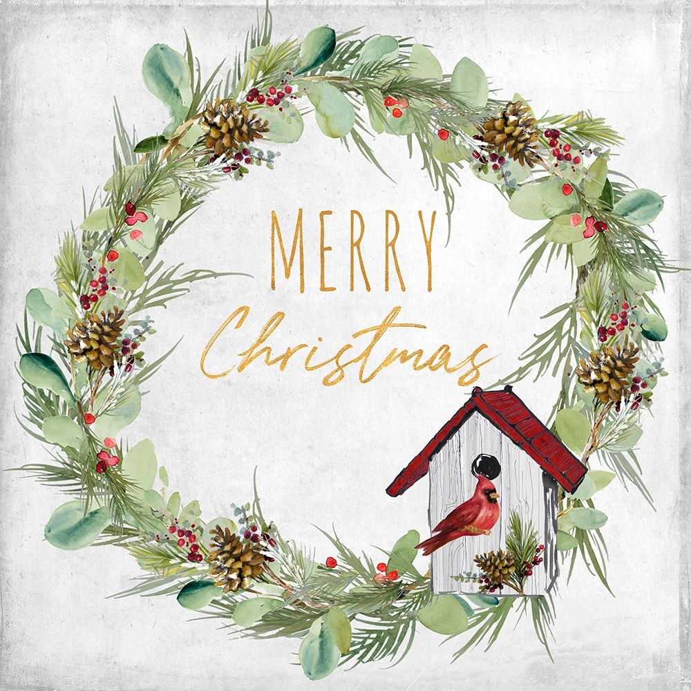 Merry Christmas Wreath and Bird House art print by Lanie Loreth for $57.95 CAD