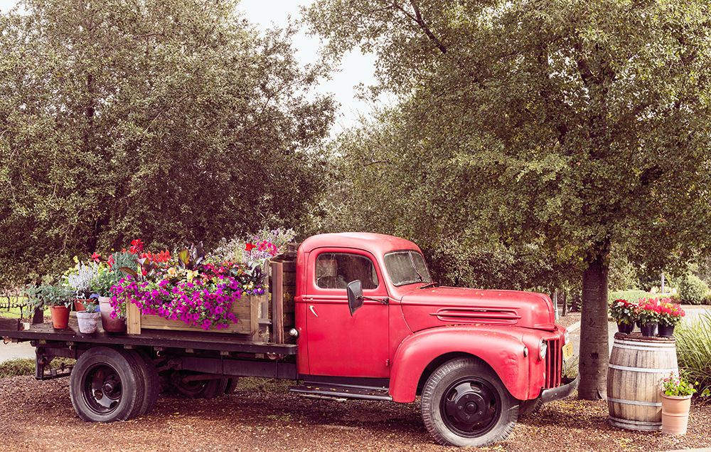 Red Truck With Flowers art print by Piddix for $57.95 CAD