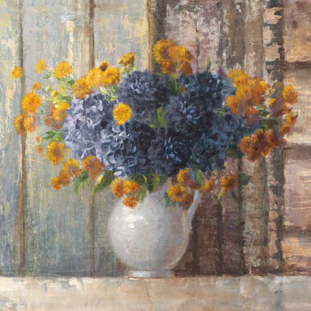 Fall Dahlia Bouquet Crop Blue art print by Danhui Nai for $57.95 CAD
